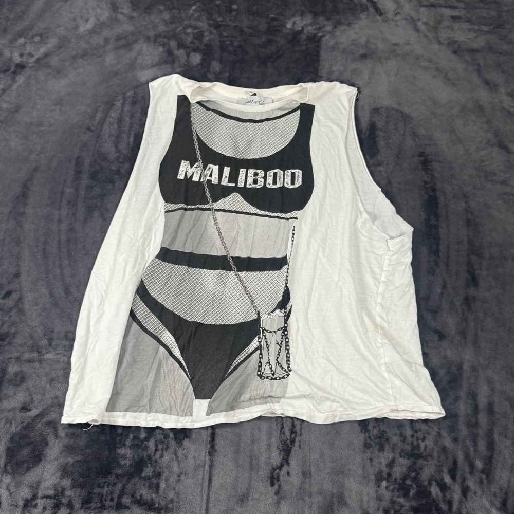 Kendall + Kylie Tank Top Womens Medium White Maliboo Bikini Graphic Muscle Tee